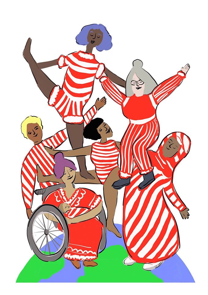 Illustration of women of all shapes, sizes, nationalities, cultures and abilities holding each other up on top of the world