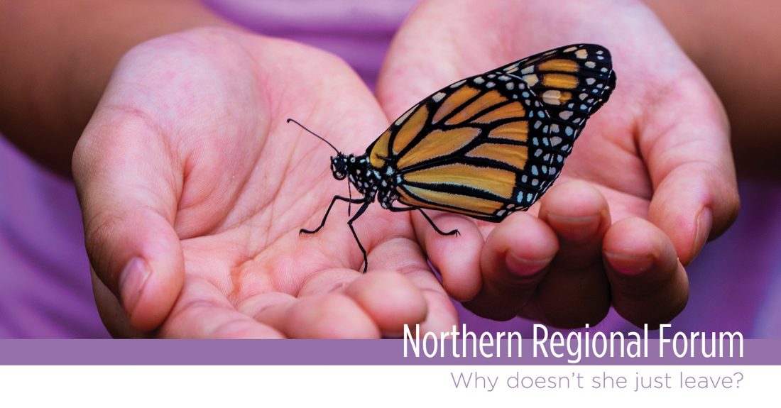 Butterfly landing in hands. Graphic used for Northern Regional Forum program