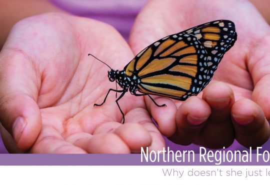 Butterfly landing in hands. Graphic used for Northern Regional Forum program