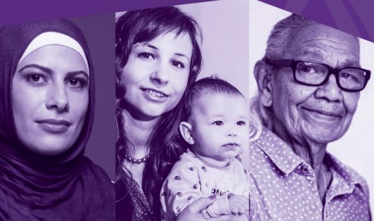 Committed to Safety cover image. Triptych of a woman wearing a headscarf, young mother with child, and elder wearing glasses