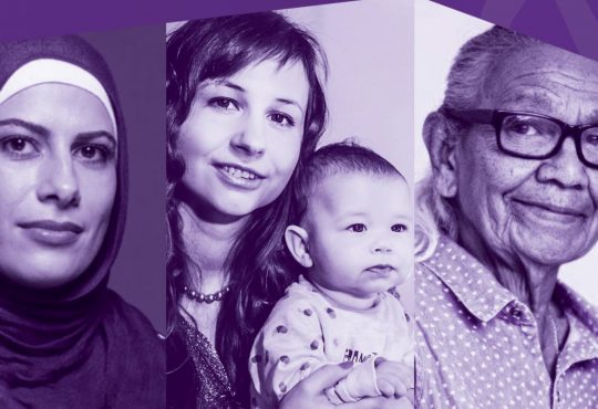 Committed to Safety cover image. Triptych of a woman wearing a headscarf, young mother with child, and elder wearing glasses