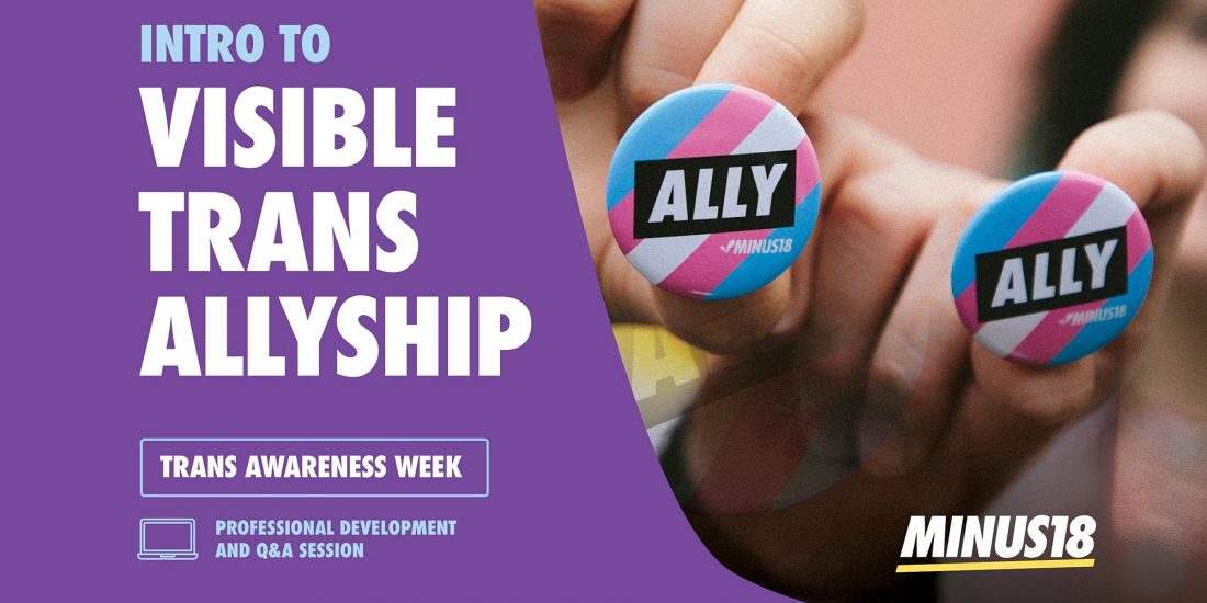 Two hands are holding badges in the trans flag colours that say 'ALLY #Minus18' on the right hand side of the image. The left side has a purple background with the words 'Intro to Visible Trans Allyship' above a box holding the text 'Trans Awareness Week'. Below this a graphic of a computer accompanies the text 'Professional Development and Q&A session.
